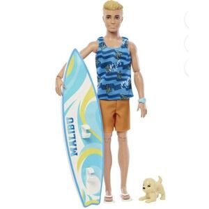 Ken Barbie Ken Malibu Surfer Doll Blonde with‎ Dog Surfboard & Accessories NEW